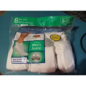 Fruit of the Loom Men’s 6-Pair Ankle Socks White Cotton Blend Shoe Size 6-12